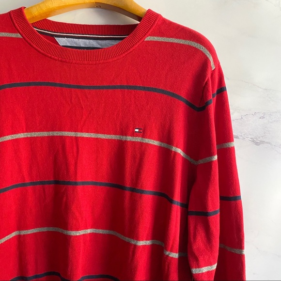 Tommy Hilfiger Red & Navy Classic Striped Sweater LARGE - Picture 2 of 6